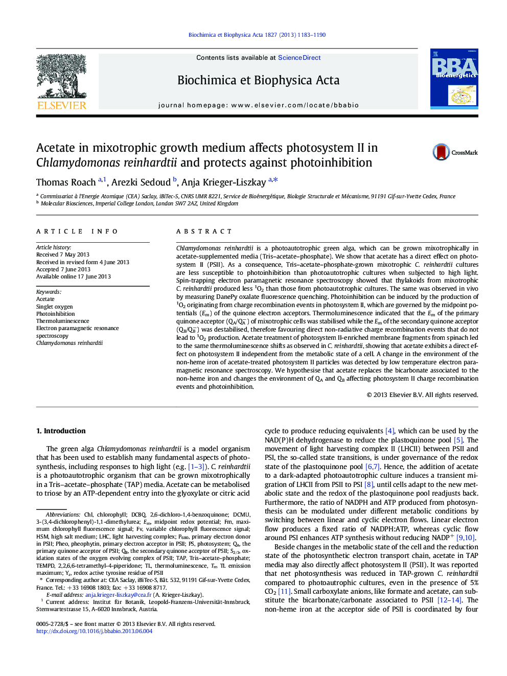 Acetate in mixotrophic growth medium affects photosystem II in Chlamydomonas reinhardtii and protects against photoinhibition