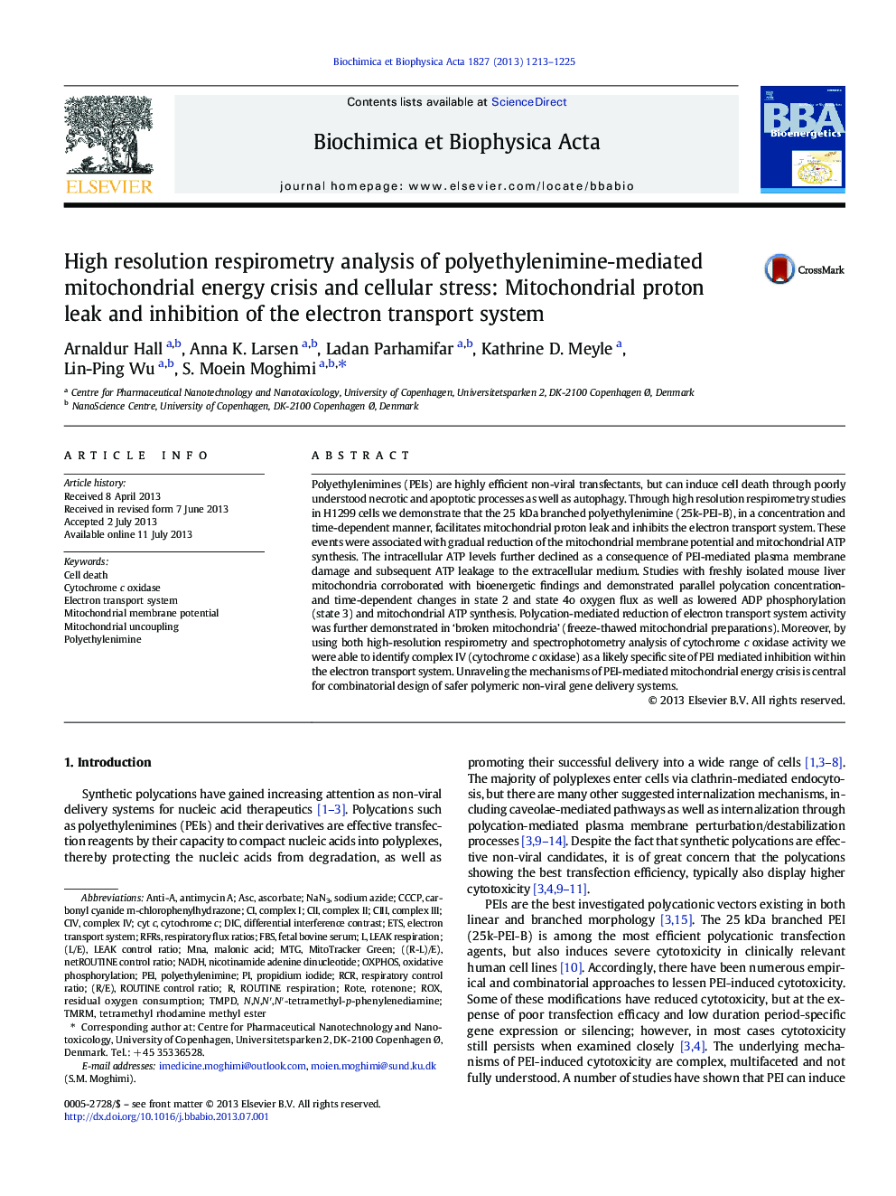 High resolution respirometry analysis of polyethylenimine-mediated mitochondrial energy crisis and cellular stress: Mitochondrial proton leak and inhibition of the electron transport system