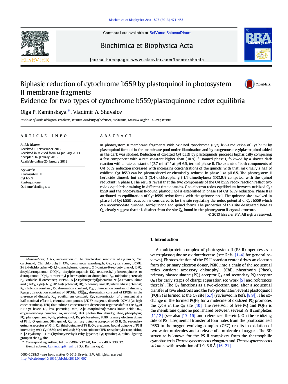 Biphasic reduction of cytochrome b559 by plastoquinol in photosystem II membrane fragments: Evidence for two types of cytochrome b559/plastoquinone redox equilibria