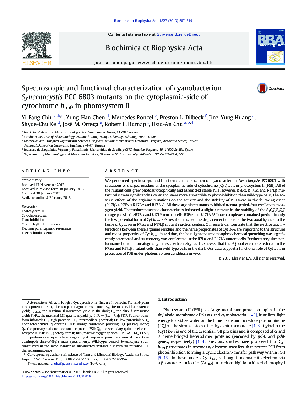 Spectroscopic and functional characterization of cyanobacterium Synechocystis PCC 6803 mutants on the cytoplasmic-side of cytochrome b559 in photosystem II