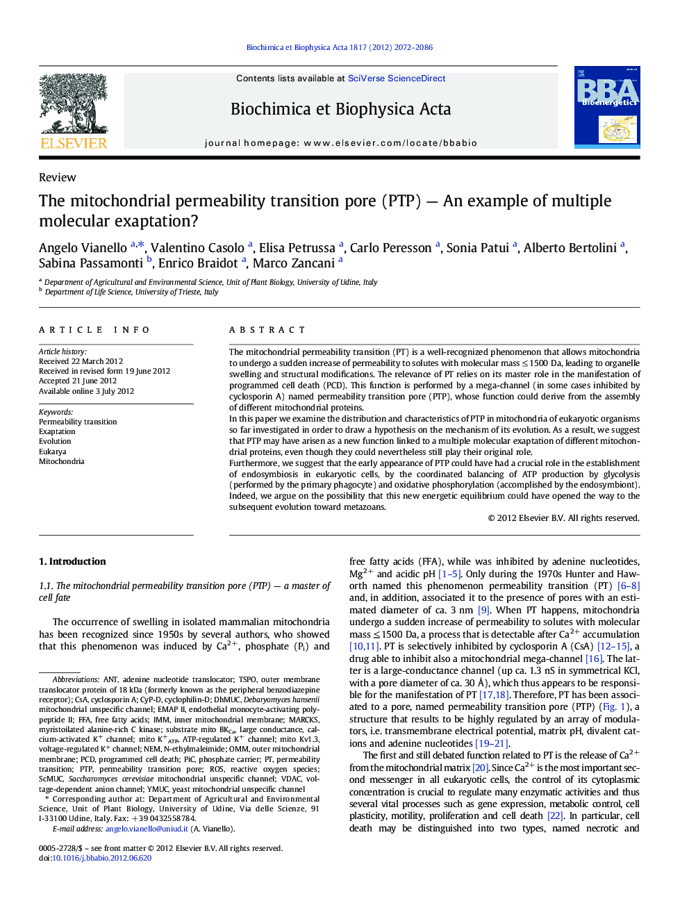 The mitochondrial permeability transition pore (PTP) — An example of multiple molecular exaptation?