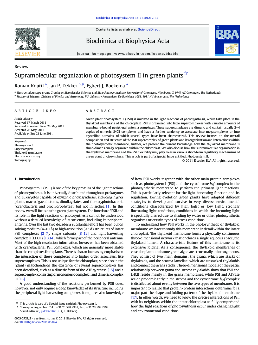 عکس صفحه اول مقاله: Supramolecular organization of photosystem II in green plants Supramolecular organization of photosystem II in green plants