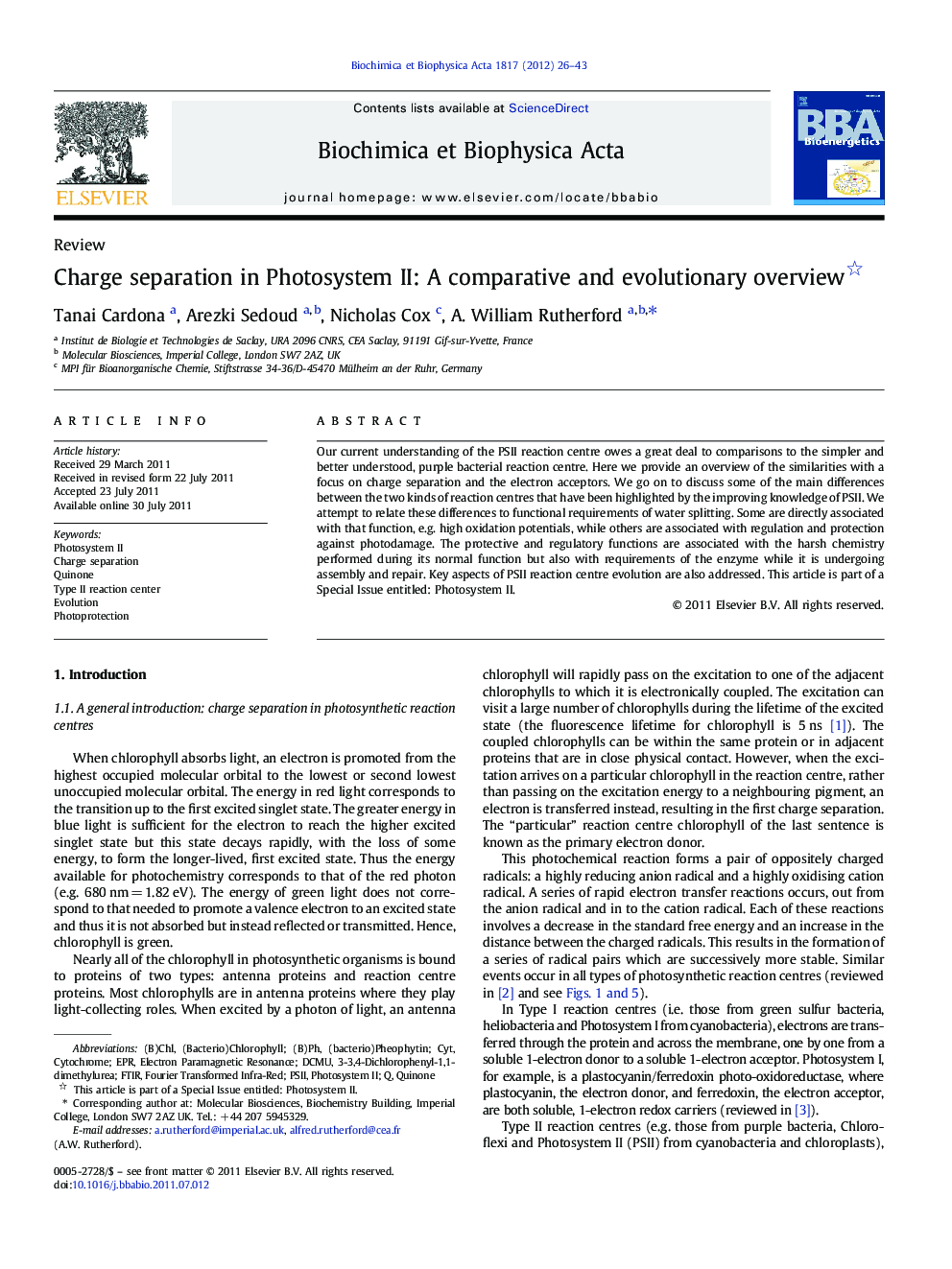 Charge separation in Photosystem II: A comparative and evolutionary overview