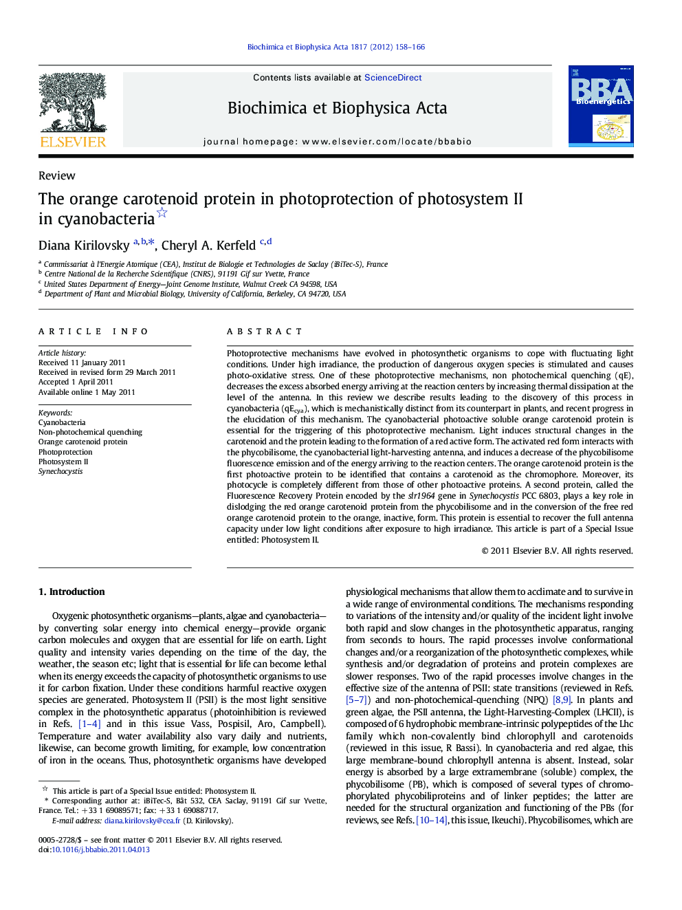 The orange carotenoid protein in photoprotection of photosystem II in cyanobacteria