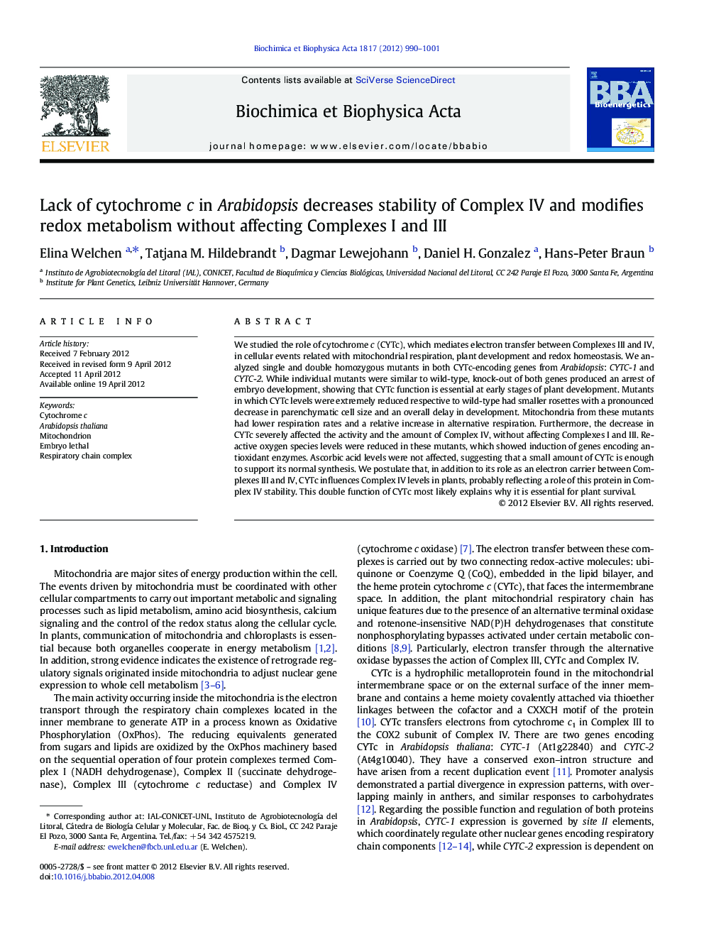 Lack of cytochrome c in Arabidopsis decreases stability of Complex IV and modifies redox metabolism without affecting Complexes I and III