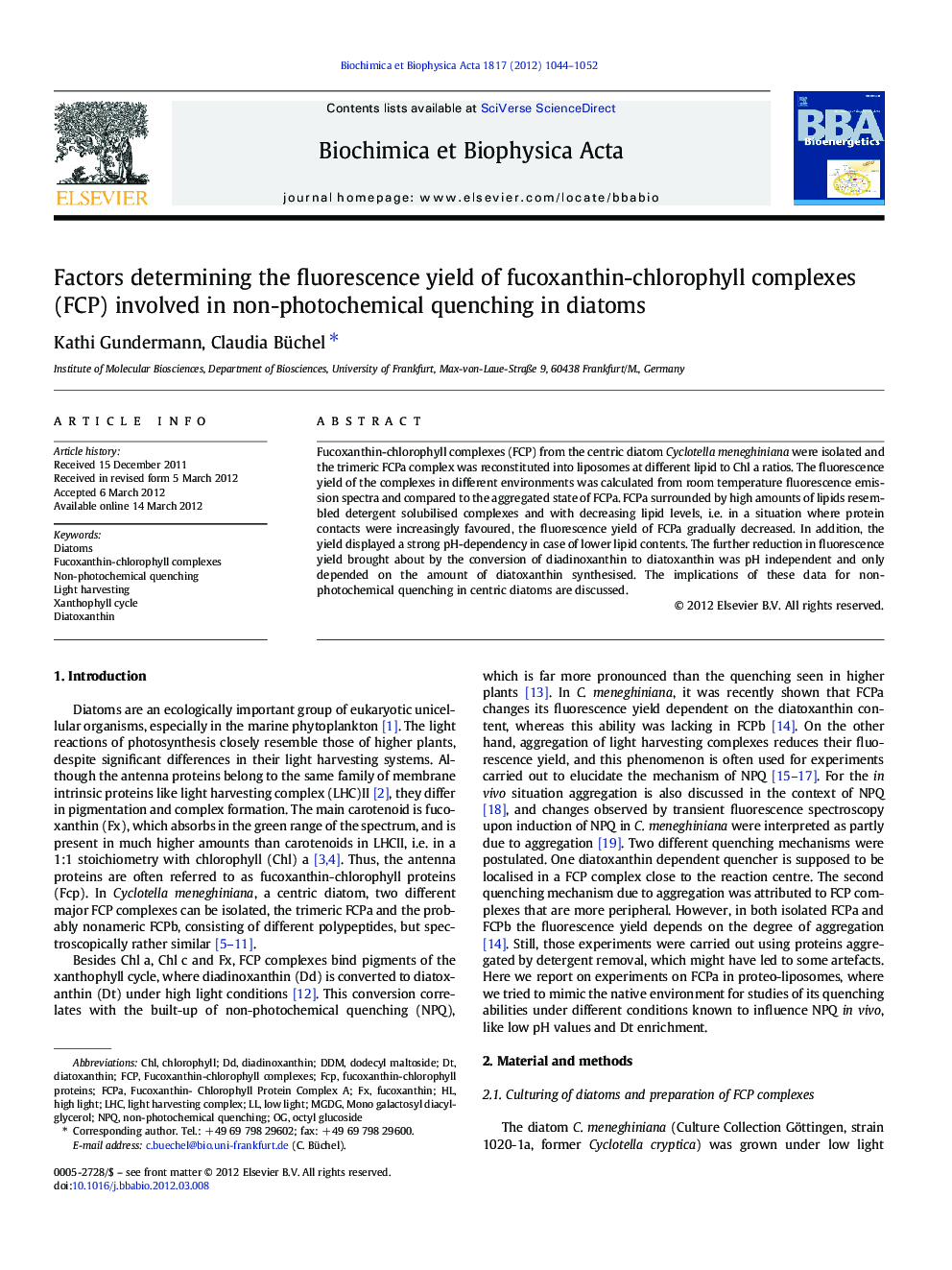 Factors determining the fluorescence yield of fucoxanthin-chlorophyll complexes (FCP) involved in non-photochemical quenching in diatoms