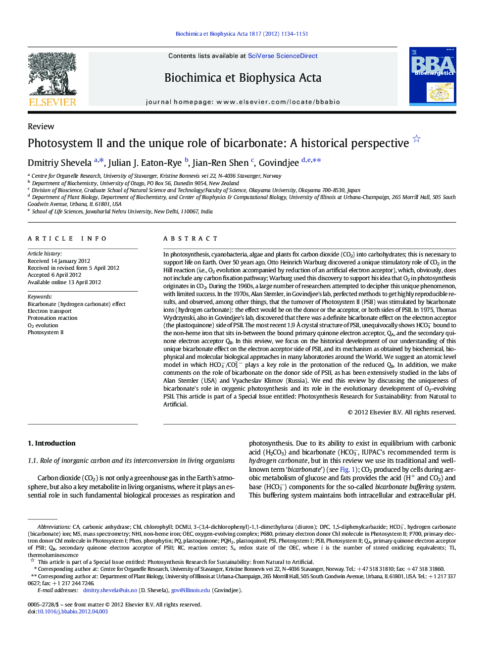 Photosystem II and the unique role of bicarbonate: A historical perspective 