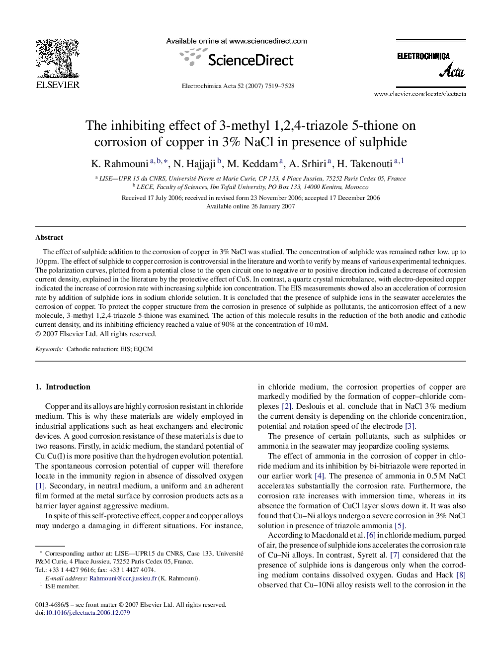 The inhibiting effect of 3-methyl 1,2,4-triazole 5-thione on corrosion of copper in 3% NaCl in presence of sulphide