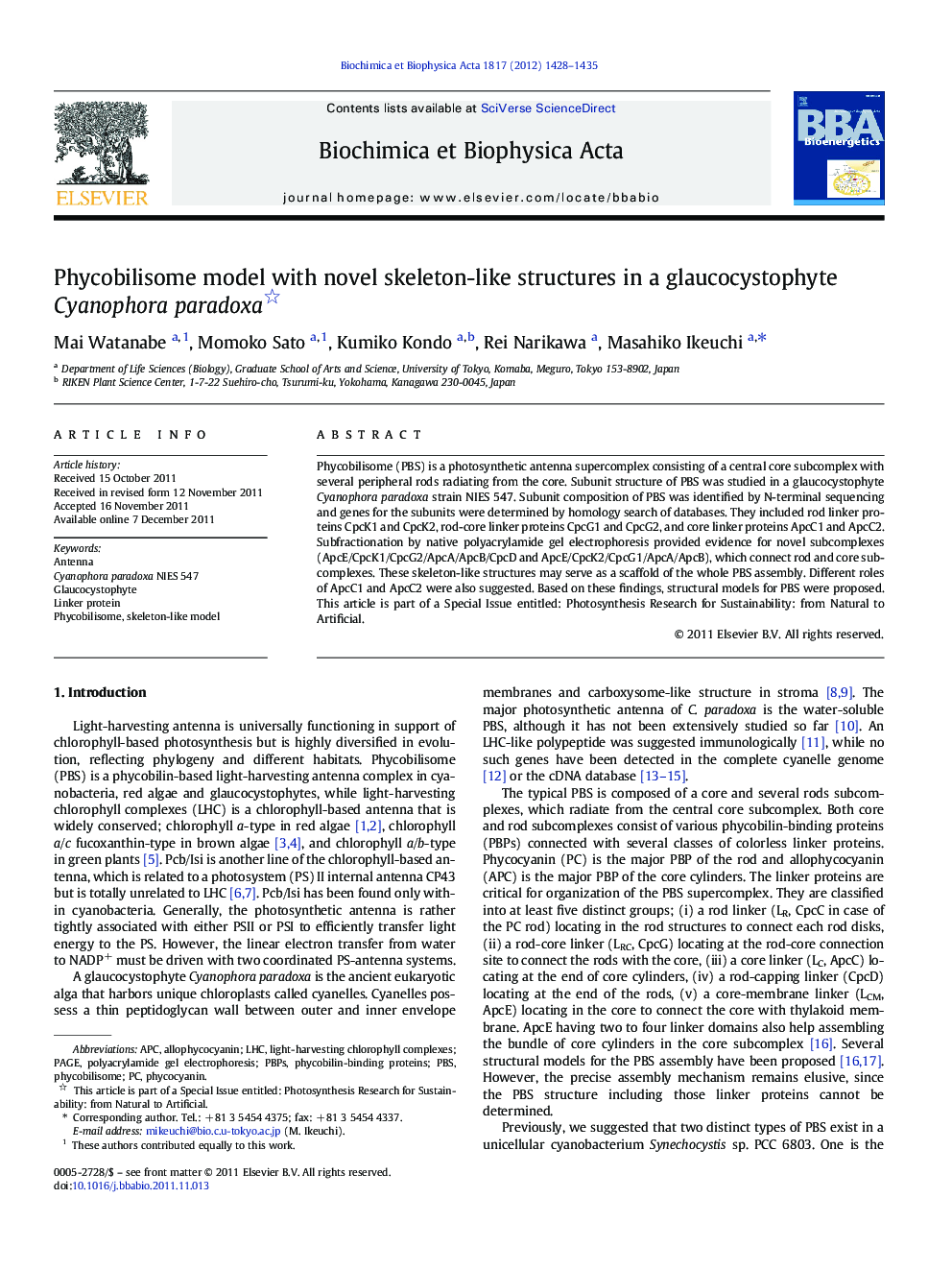 Phycobilisome model with novel skeleton-like structures in a glaucocystophyte Cyanophora paradoxa 