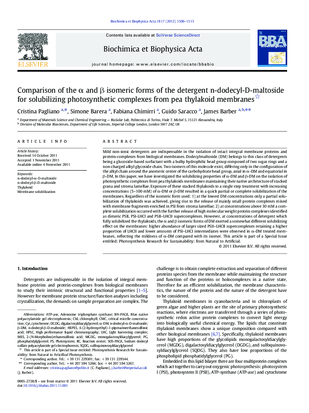 Comparison of the α and β isomeric forms of the detergent n-dodecyl-D-maltoside for solubilizing photosynthetic complexes from pea thylakoid membranes 