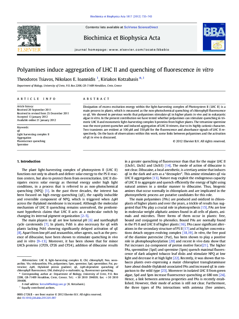 Polyamines induce aggregation of LHC II and quenching of fluorescence in vitro