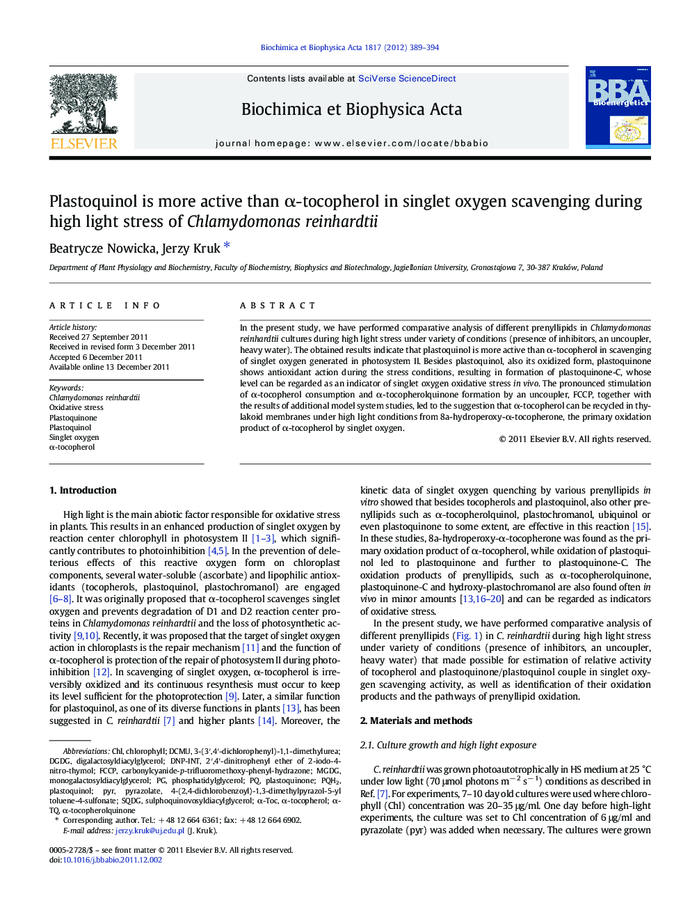 Plastoquinol is more active than α-tocopherol in singlet oxygen scavenging during high light stress of Chlamydomonas reinhardtii