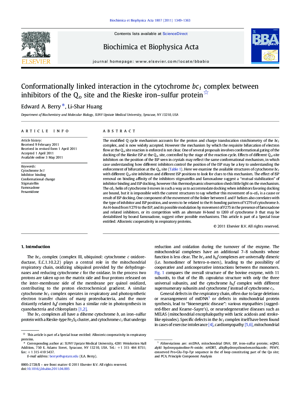 Conformationally linked interaction in the cytochrome bc1 complex between inhibitors of the Qo site and the Rieske iron–sulfur protein 