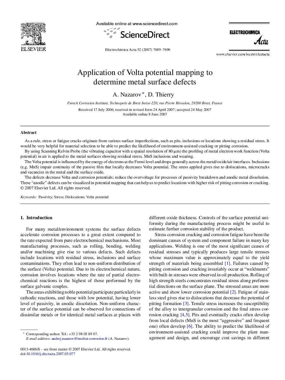 Application of Volta potential mapping to determine metal surface defects