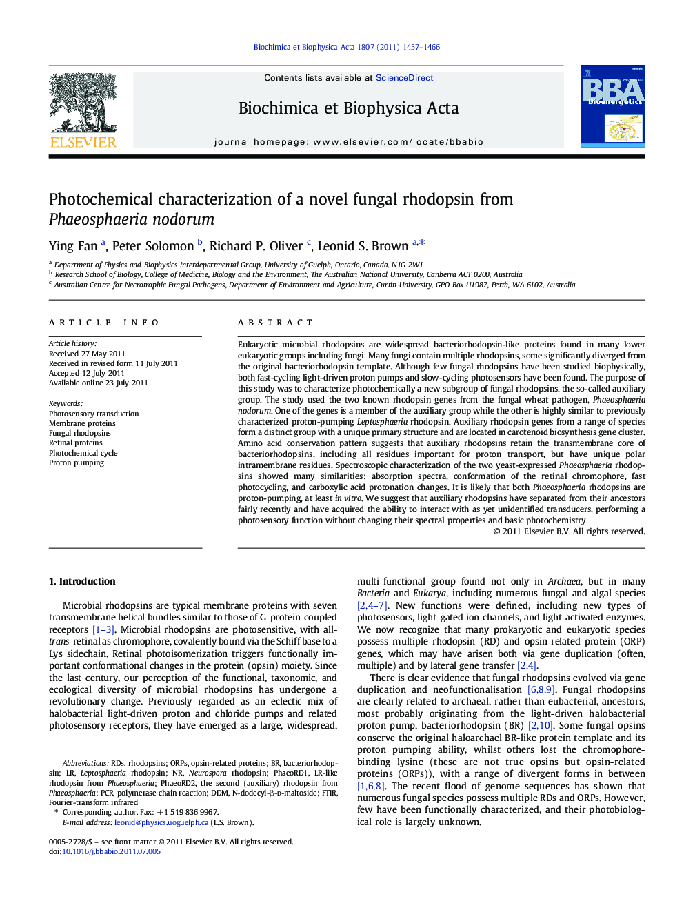 Photochemical characterization of a novel fungal rhodopsin from Phaeosphaeria nodorum