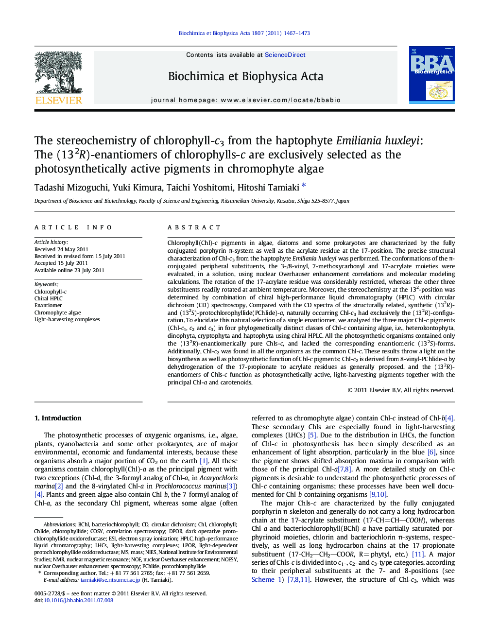 The stereochemistry of chlorophyll-c3 from the haptophyte Emiliania huxleyi: The (132R)-enantiomers of chlorophylls-c are exclusively selected as the photosynthetically active pigments in chromophyte algae
