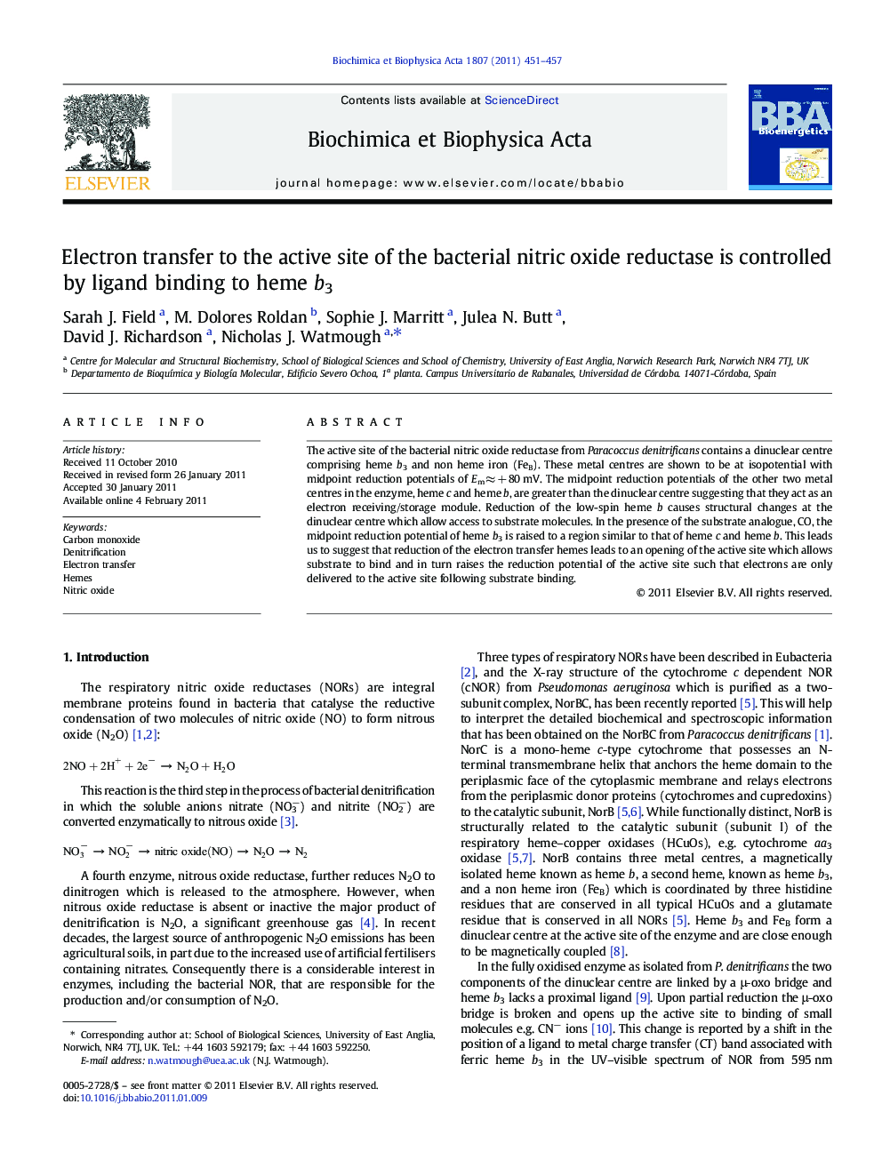 Electron transfer to the active site of the bacterial nitric oxide reductase is controlled by ligand binding to heme b3