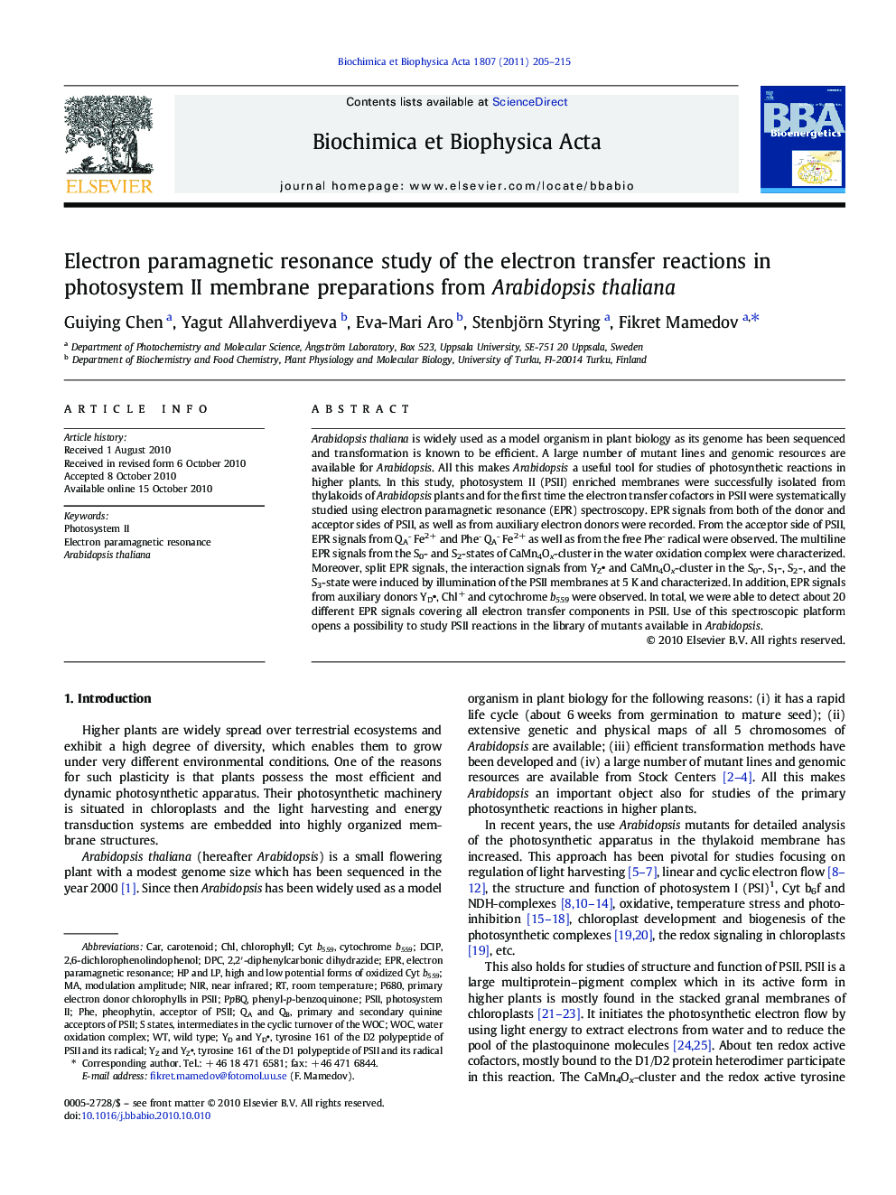 Electron paramagnetic resonance study of the electron transfer reactions in photosystem II membrane preparations from Arabidopsis thaliana