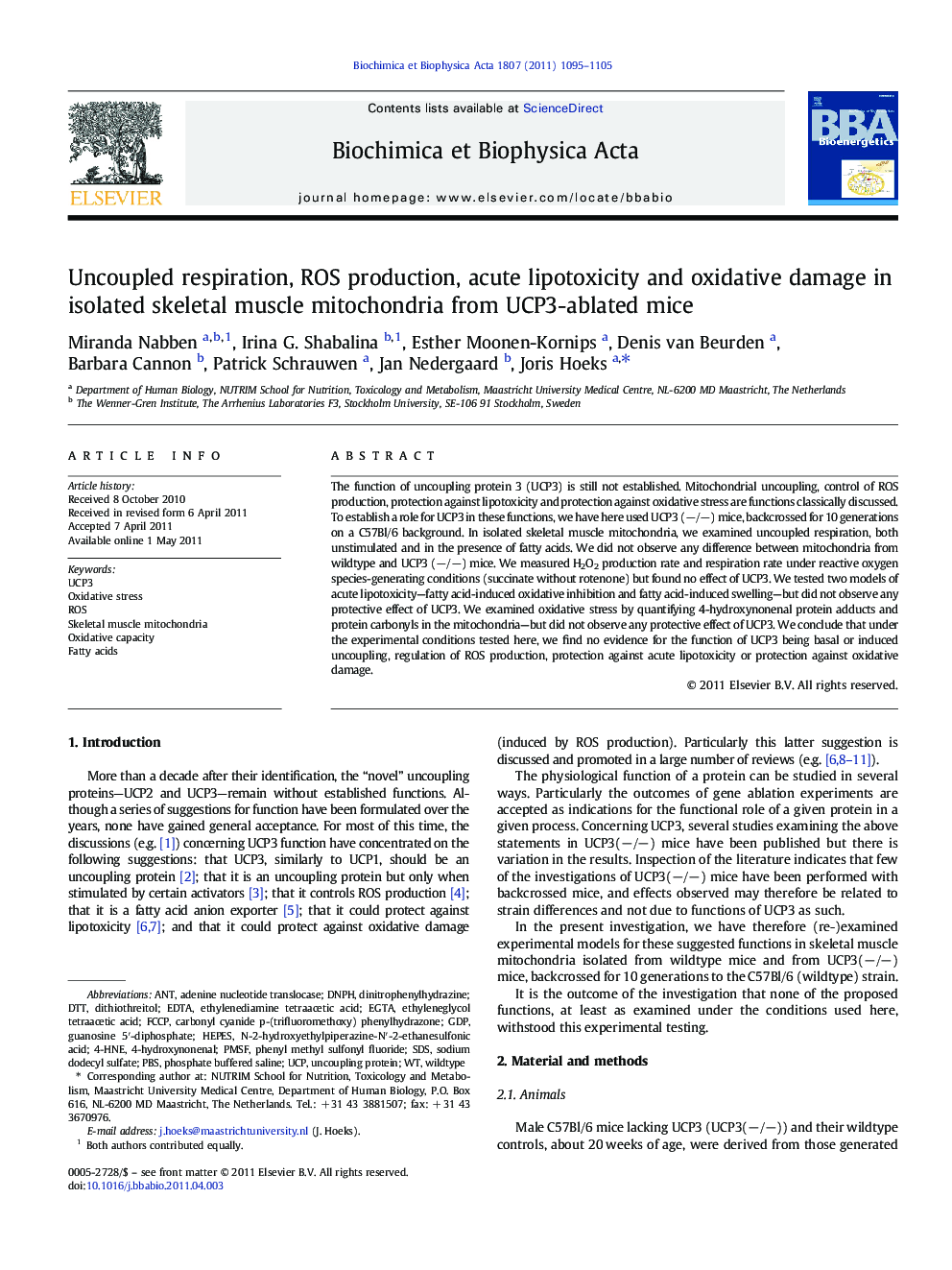 Uncoupled respiration, ROS production, acute lipotoxicity and oxidative damage in isolated skeletal muscle mitochondria from UCP3-ablated mice