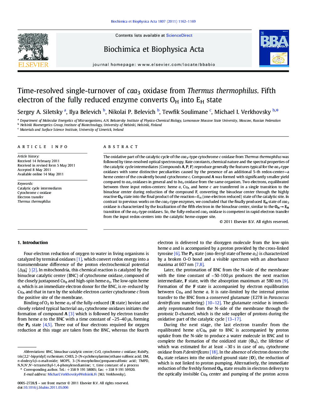 Time-resolved single-turnover of caa3 oxidase from Thermus thermophilus. Fifth electron of the fully reduced enzyme converts OH into EH state