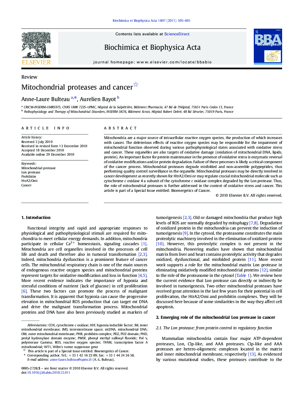 Mitochondrial proteases and cancer 