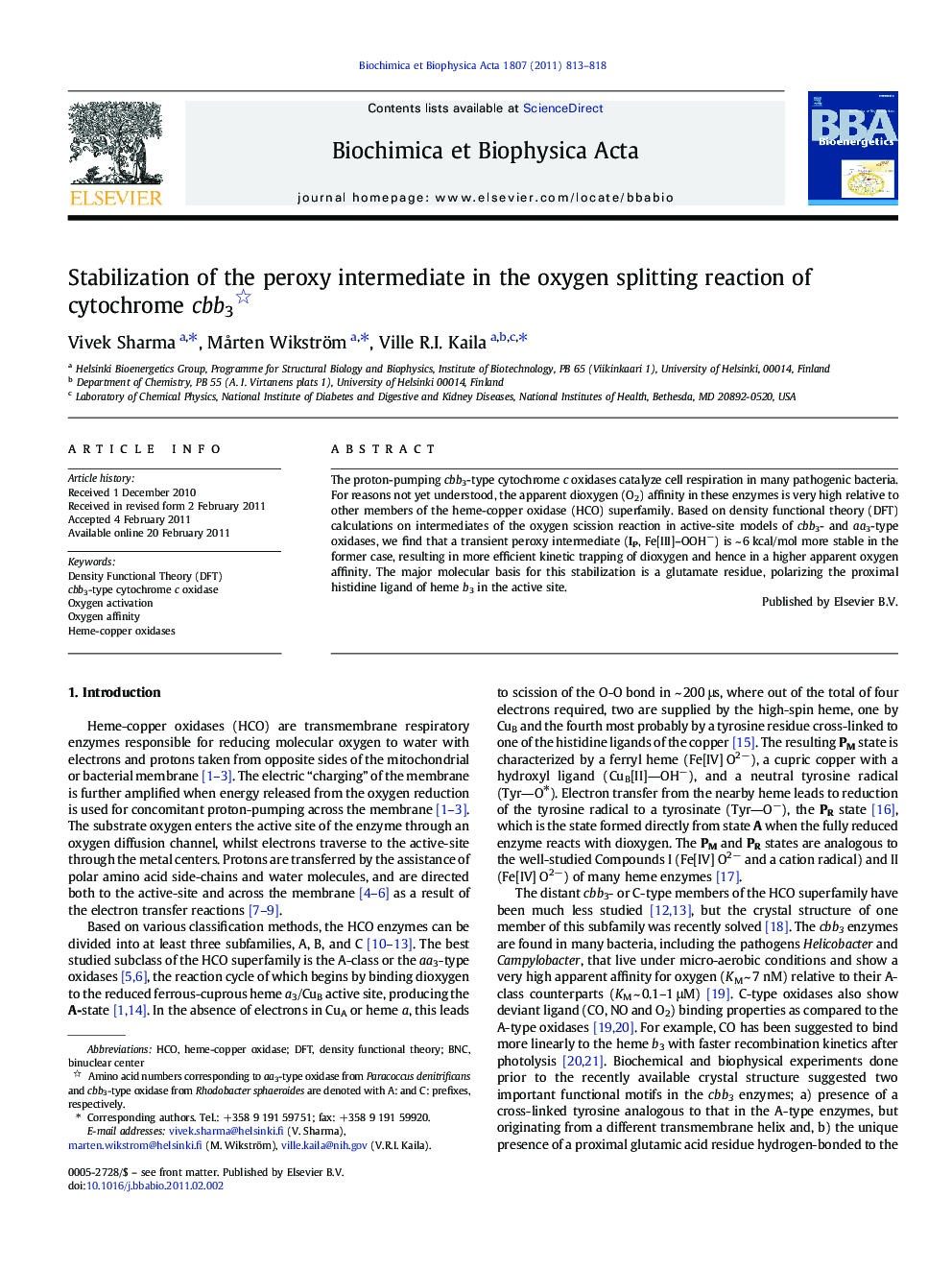 Stabilization of the peroxy intermediate in the oxygen splitting reaction of cytochrome cbb3