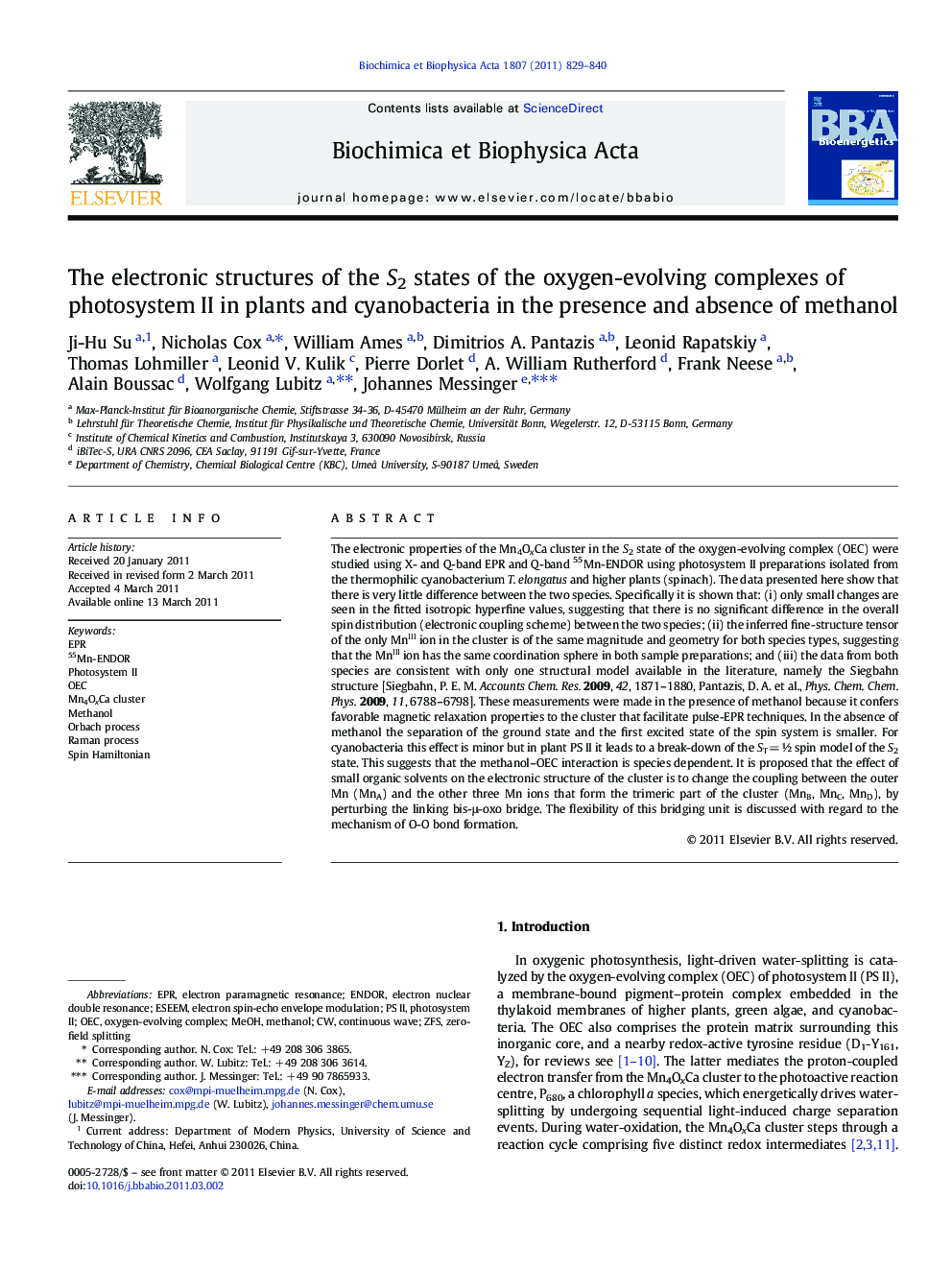 The electronic structures of the S2 states of the oxygen-evolving complexes of photosystem II in plants and cyanobacteria in the presence and absence of methanol