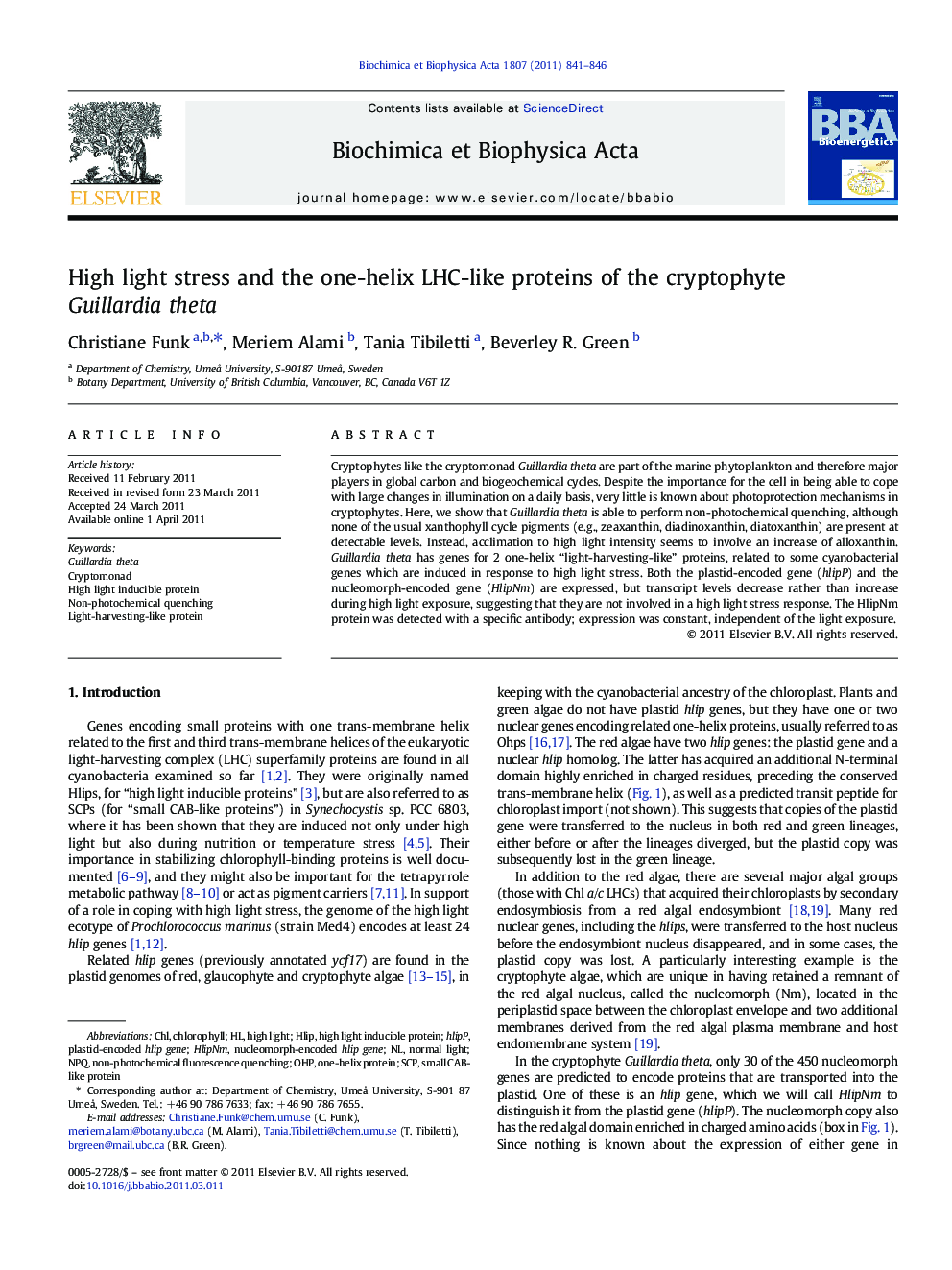 High light stress and the one-helix LHC-like proteins of the cryptophyte Guillardia theta