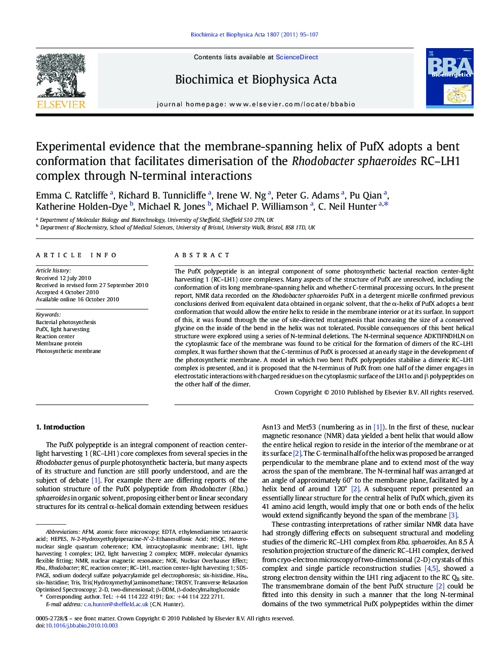 Experimental evidence that the membrane-spanning helix of PufX adopts a bent conformation that facilitates dimerisation of the Rhodobacter sphaeroides RC–LH1 complex through N-terminal interactions