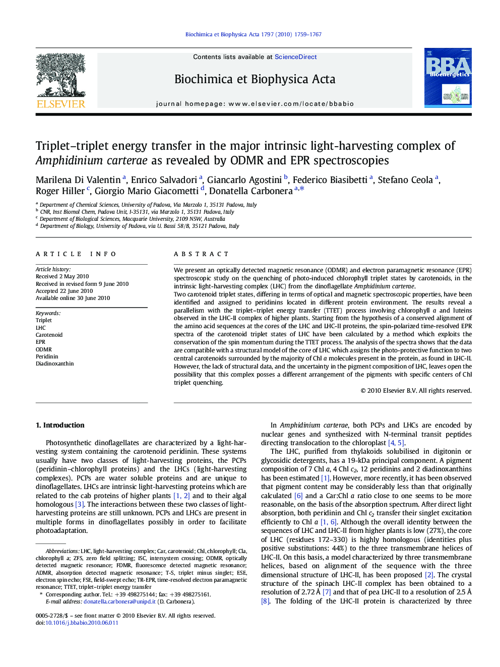 Triplet–triplet energy transfer in the major intrinsic light-harvesting complex of Amphidinium carterae as revealed by ODMR and EPR spectroscopies