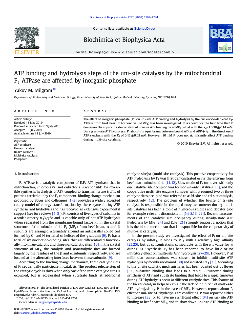 ATP binding and hydrolysis steps of the uni-site catalysis by the mitochondrial F1-ATPase are affected by inorganic phosphate