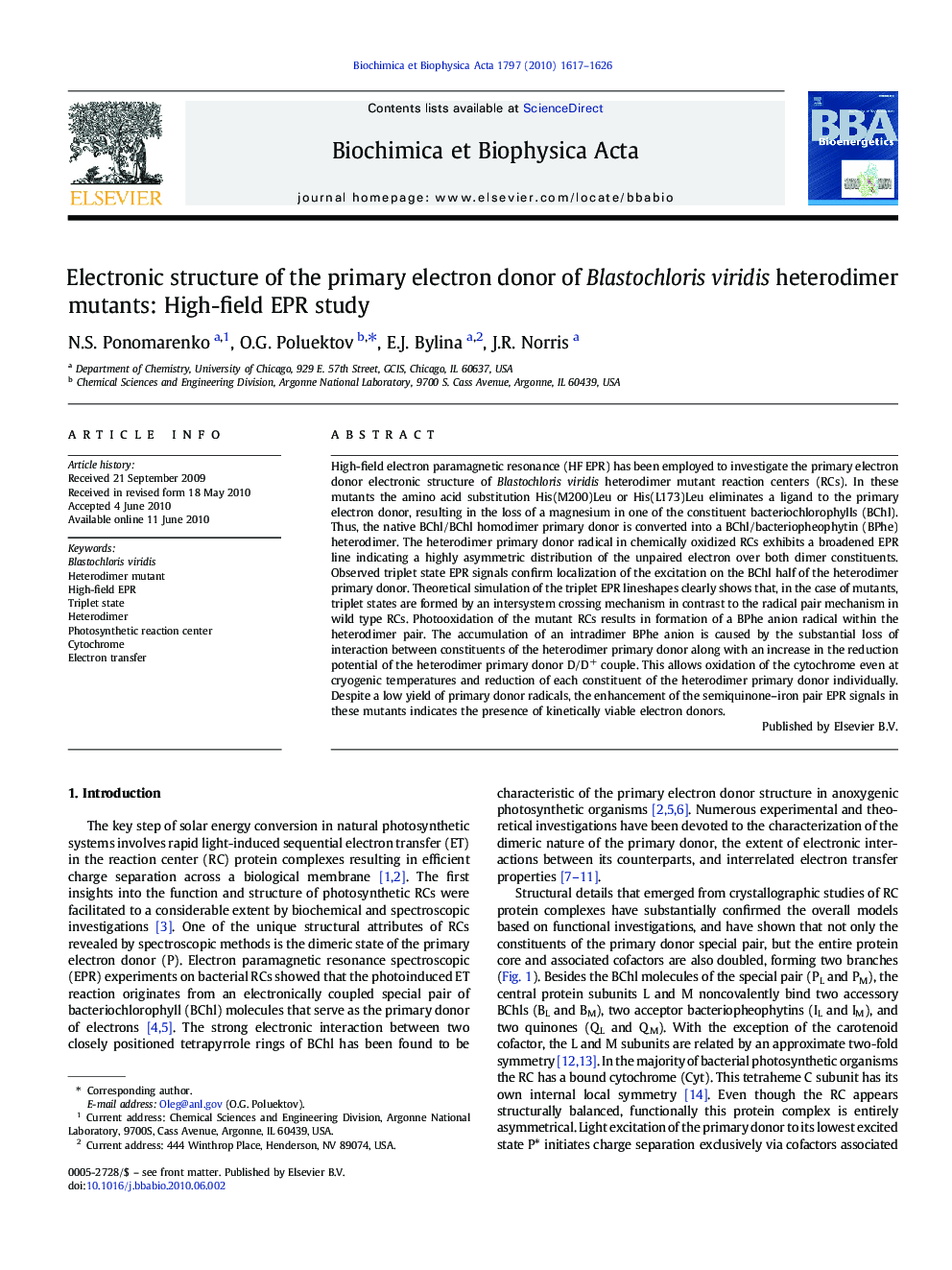 Electronic structure of the primary electron donor of Blastochloris viridis heterodimer mutants: High-field EPR study