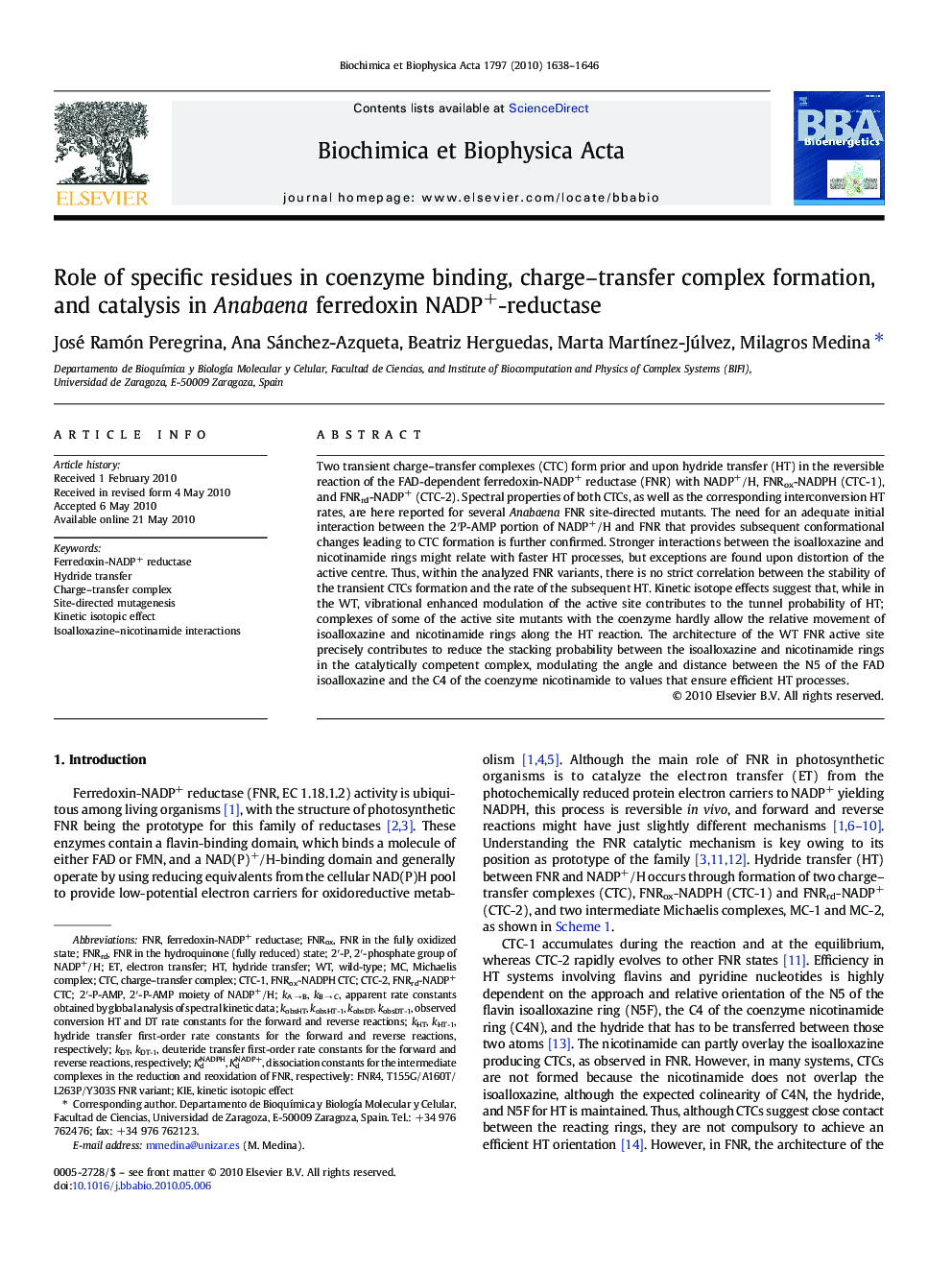 Role of specific residues in coenzyme binding, charge–transfer complex formation, and catalysis in Anabaena ferredoxin NADP+-reductase