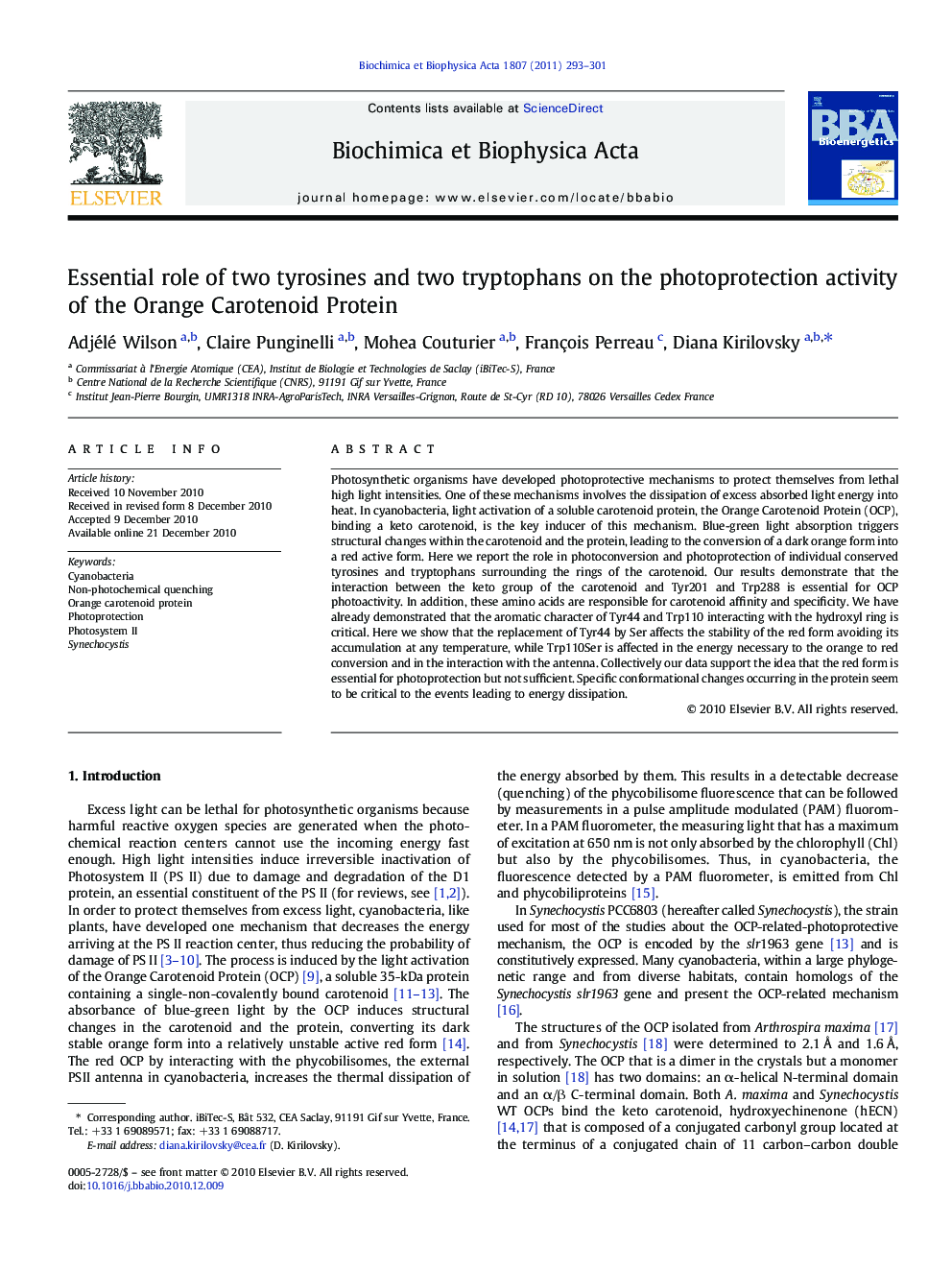 Essential role of two tyrosines and two tryptophans on the photoprotection activity of the Orange Carotenoid Protein