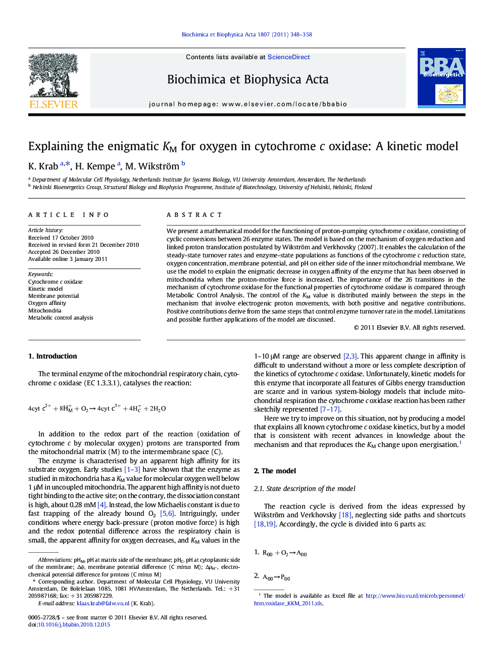 Explaining the enigmatic KM for oxygen in cytochrome c oxidase: A kinetic model