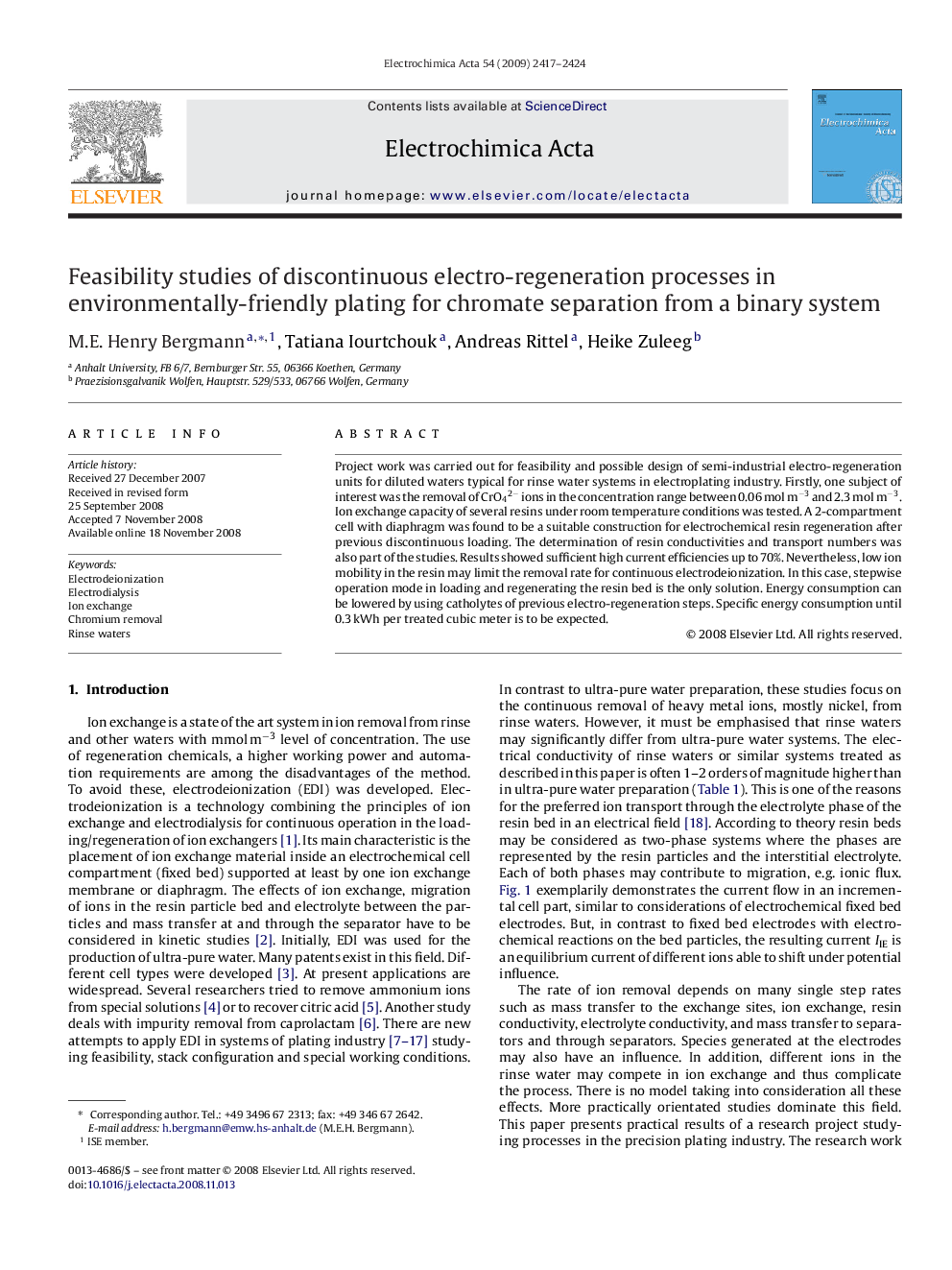 Feasibility studies of discontinuous electro-regeneration processes in environmentally-friendly plating for chromate separation from a binary system