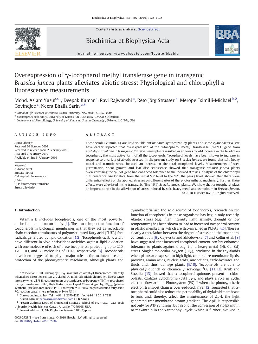 Overexpression of γ-tocopherol methyl transferase gene in transgenic Brassica juncea plants alleviates abiotic stress: Physiological and chlorophyll a fluorescence measurements