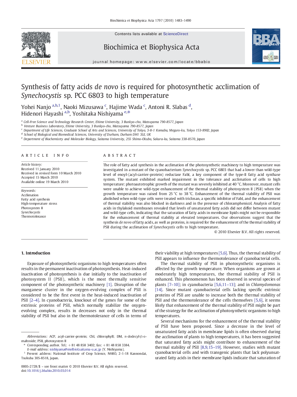 Synthesis of fatty acids de novo is required for photosynthetic acclimation of Synechocystis sp. PCC 6803 to high temperature