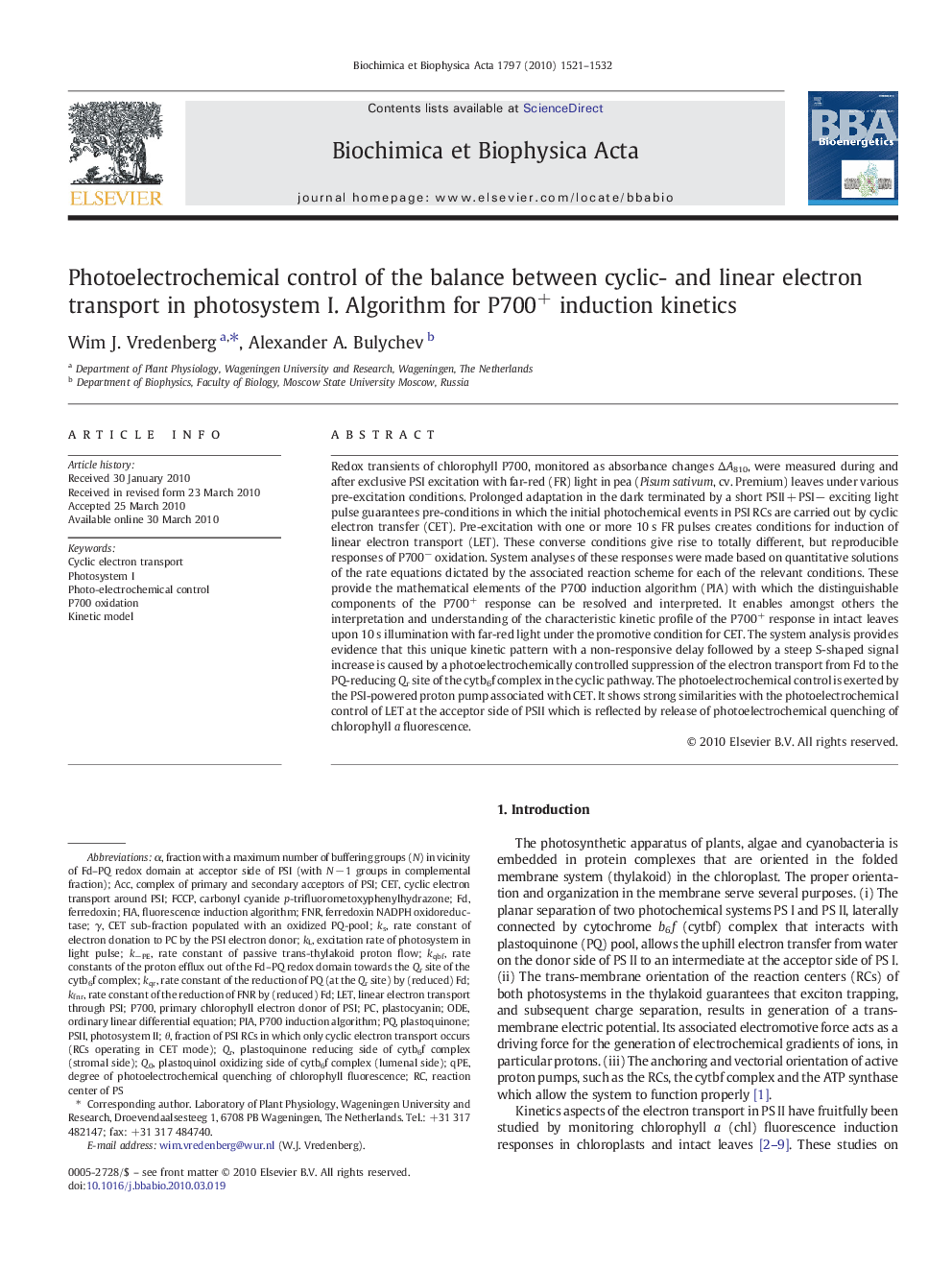 عکس صفحه اول مقاله: Photoelectrochemical control of the balance between cyclic- and linear electron transport in photosystem I. Algorithm for P700+ induction kinetics Photoelectrochemical control of the balance between cyclic- and linear electron transport in photosystem I. Algorithm for P700+ induction kinetics