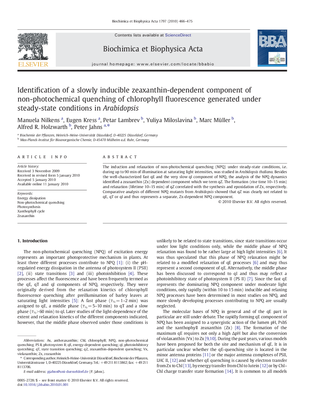 Identification of a slowly inducible zeaxanthin-dependent component of non-photochemical quenching of chlorophyll fluorescence generated under steady-state conditions in Arabidopsis