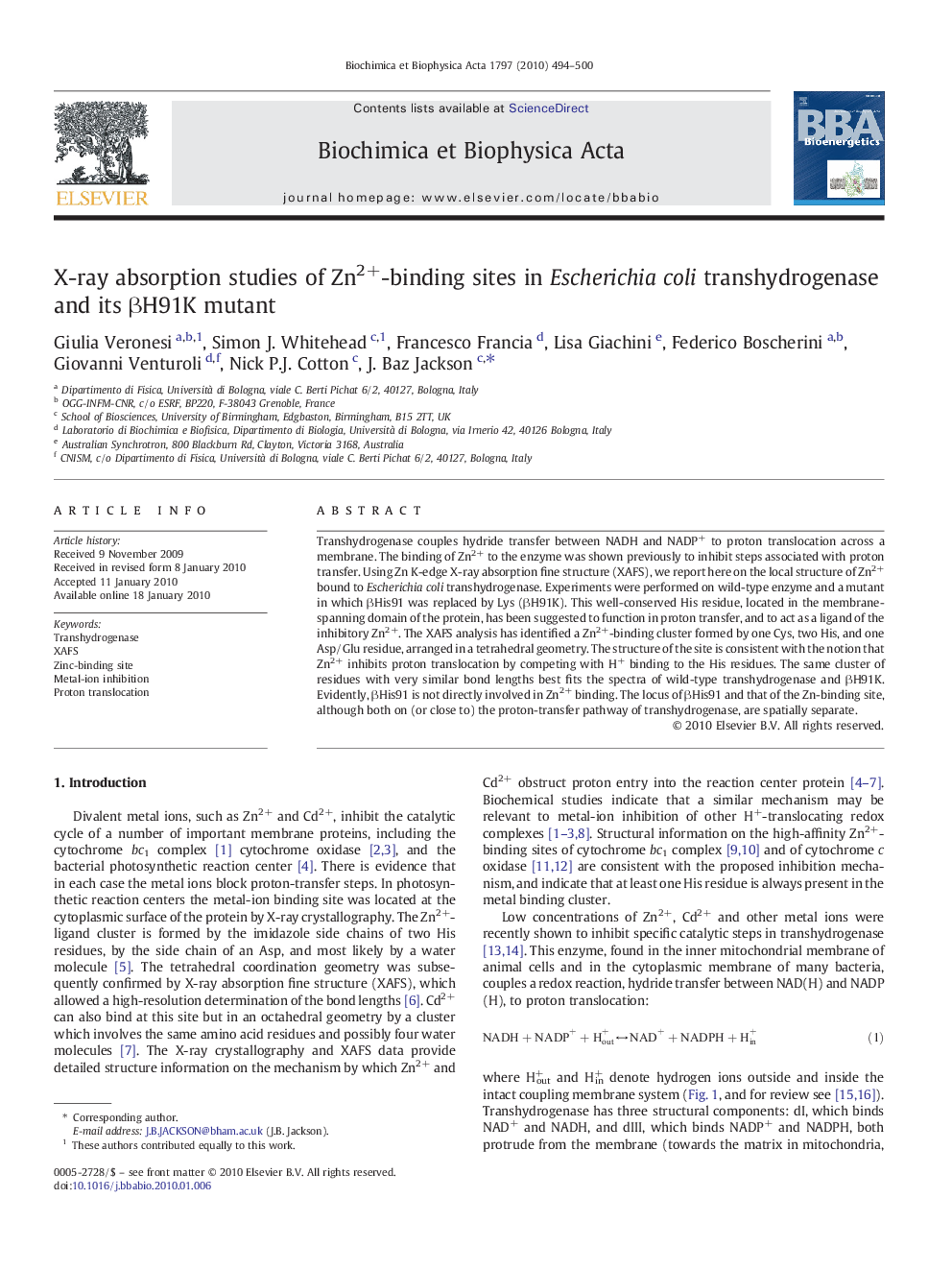 X-ray absorption studies of Zn2+-binding sites in Escherichia coli transhydrogenase and its βH91K mutant