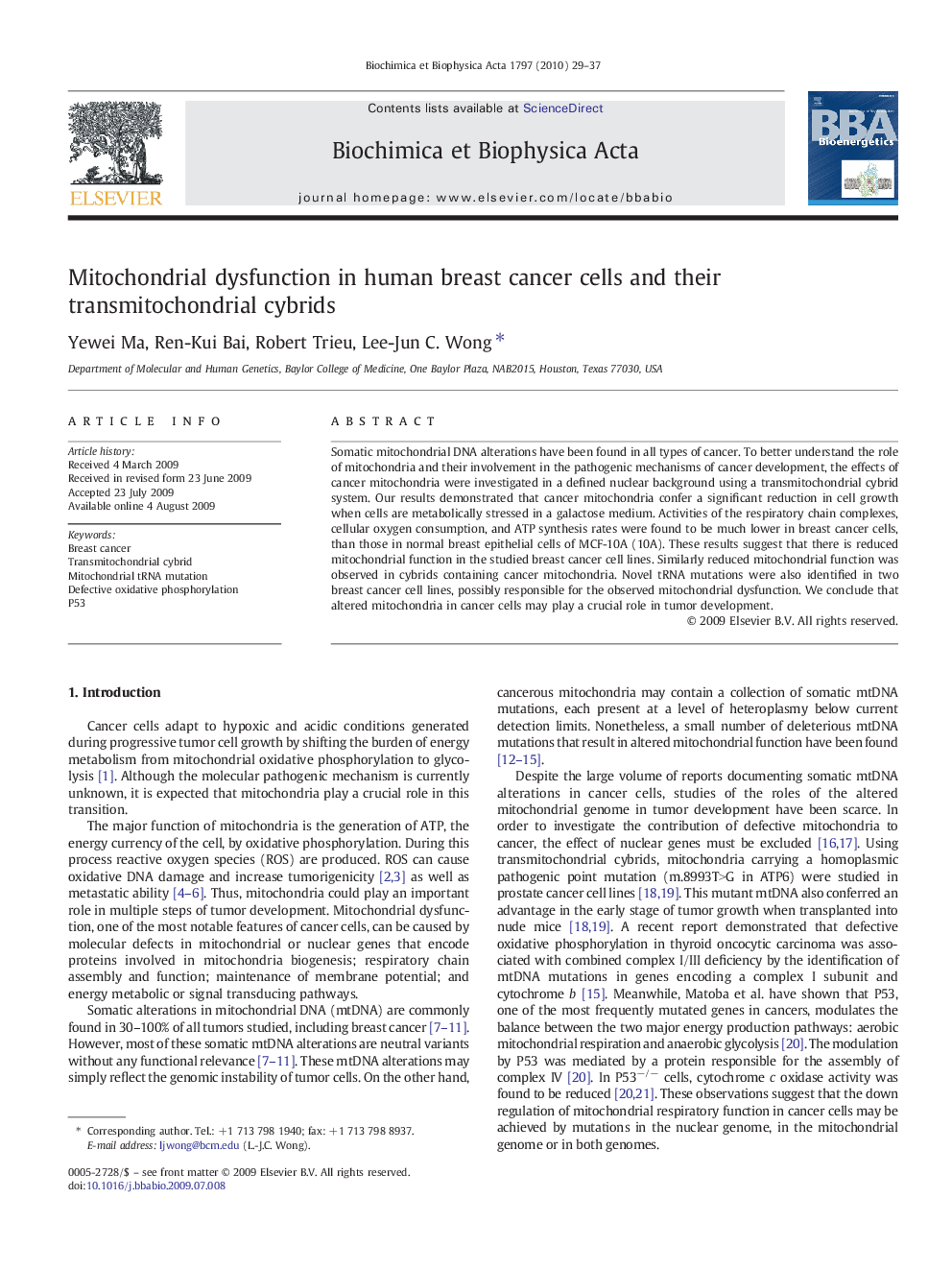 Mitochondrial dysfunction in human breast cancer cells and their transmitochondrial cybrids