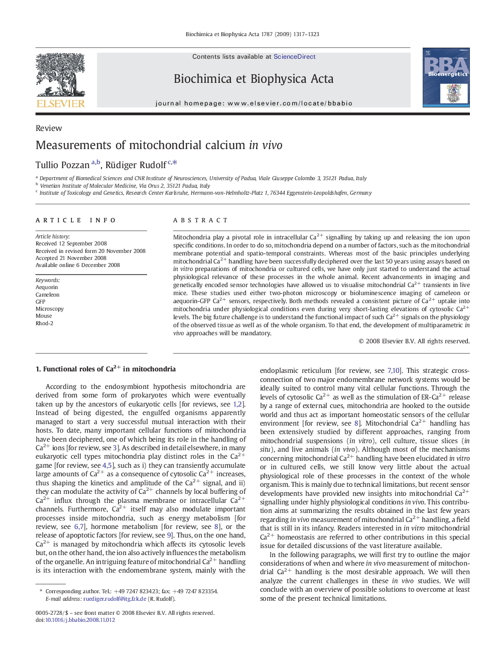 Measurements of mitochondrial calcium in vivo