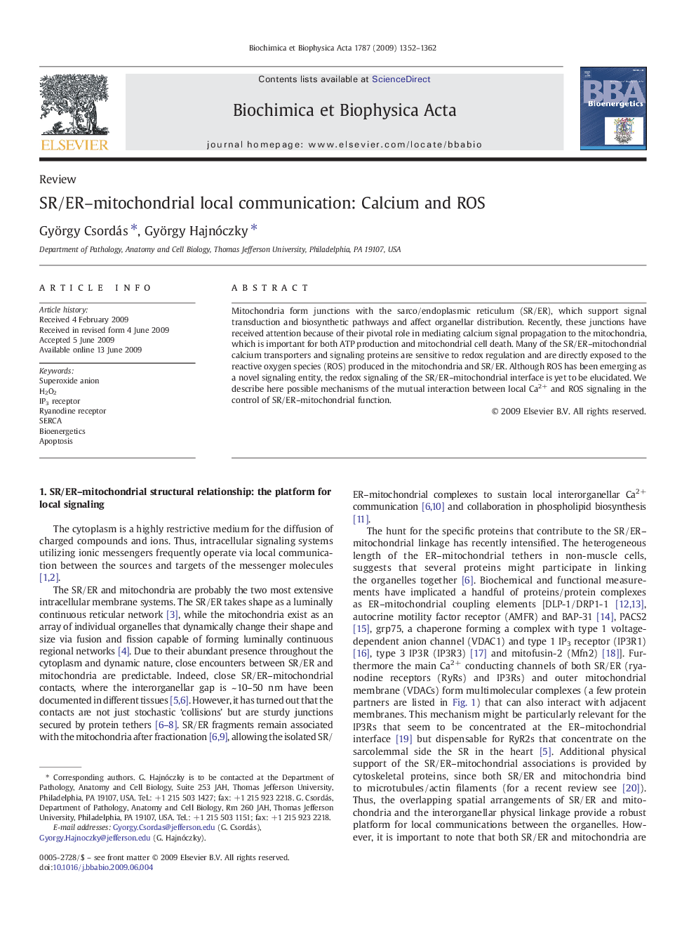 SR/ER–mitochondrial local communication: Calcium and ROS