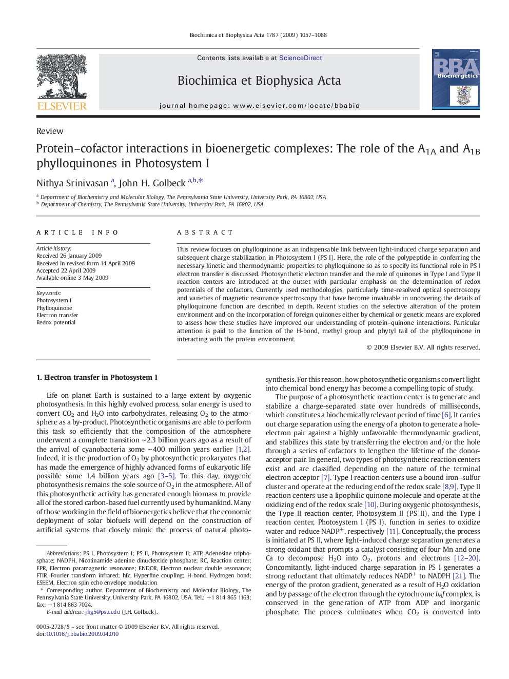 Protein–cofactor interactions in bioenergetic complexes: The role of the A1A and A1B phylloquinones in Photosystem I