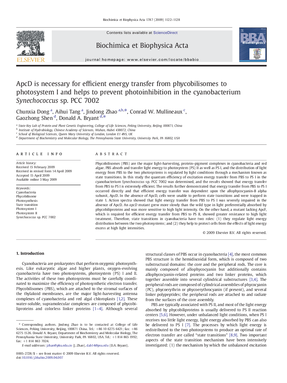 ApcD is necessary for efficient energy transfer from phycobilisomes to photosystem I and helps to prevent photoinhibition in the cyanobacterium Synechococcus sp. PCC 7002