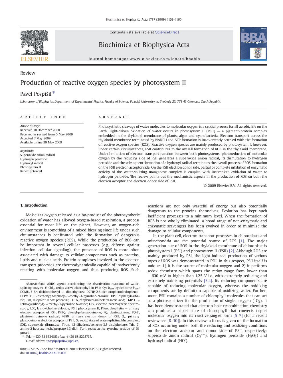 Production of reactive oxygen species by photosystem II