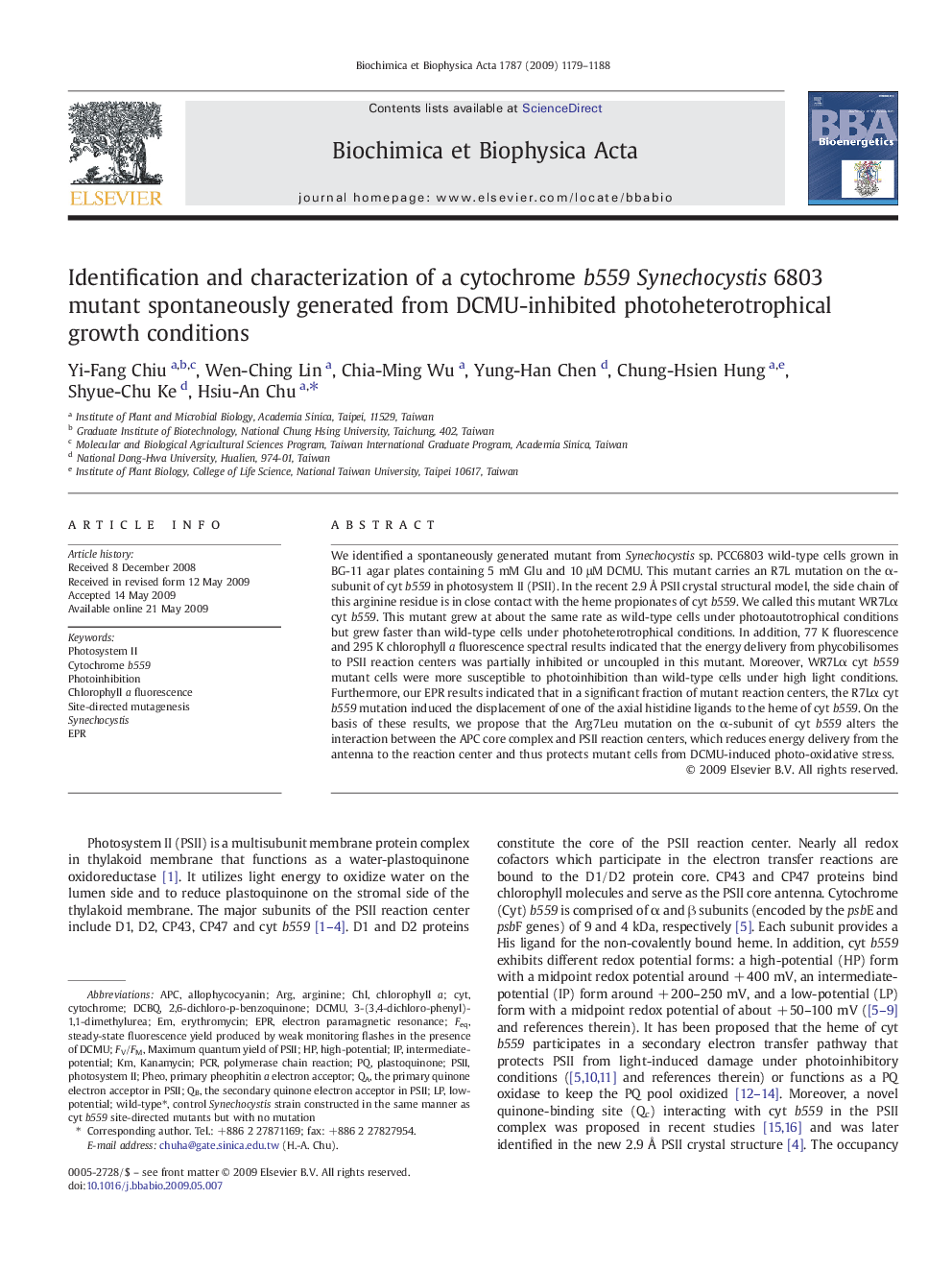 Identification and characterization of a cytochrome b559 Synechocystis 6803 mutant spontaneously generated from DCMU-inhibited photoheterotrophical growth conditions