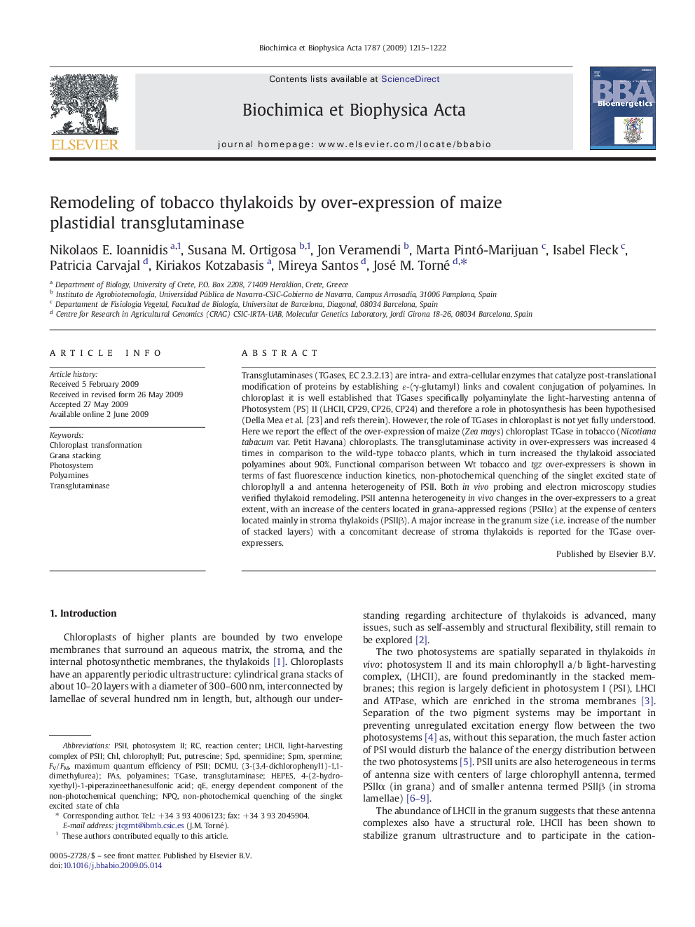 Remodeling of tobacco thylakoids by over-expression of maize plastidial transglutaminase