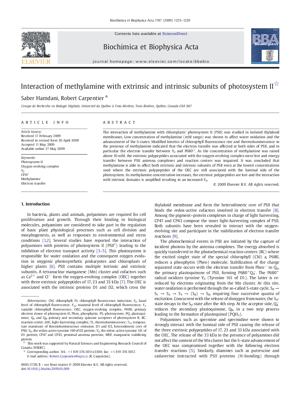 Interaction of methylamine with extrinsic and intrinsic subunits of photosystem II 